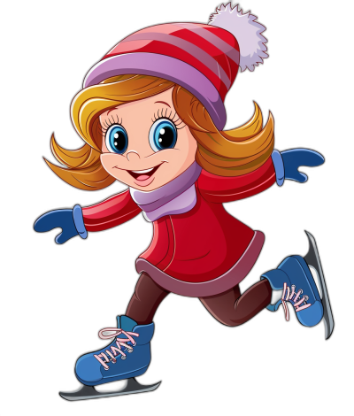 A cartoon girl ice skating in the style of clip art with an isolated black background.