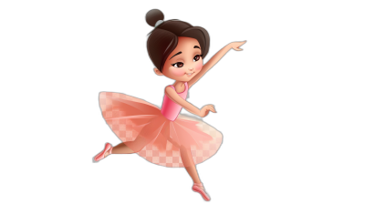 A cute little girl ballerina in a pink dress with black hair, dancing gracefully on her tiptoes in the style of Disney, with Pixar animation character design, isolated on a dark background, high resolution vector illustration, highly detailed, sharp focus, high quality.