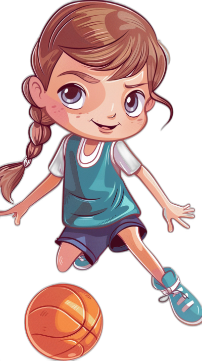 A cute little girl playing basketball in the style of chibi with a black background, wearing a blue and white uniform of shorts and jersey, with big eyes, brown hair in pigtails, jumping to dunk the ball, cartoon vector art, colorful, high contrast shading, vibrant colors, high resolution, high detail, high quality.