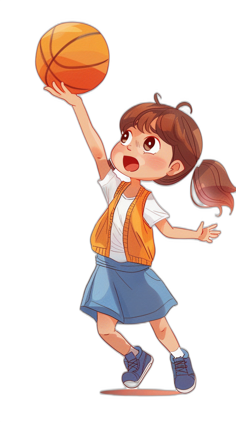 A cute little girl in a school uniform playing basketball in the style of a cartoon, with a simple drawing style on a solid black background showing her full body in high quality, high resolution detail and full color.