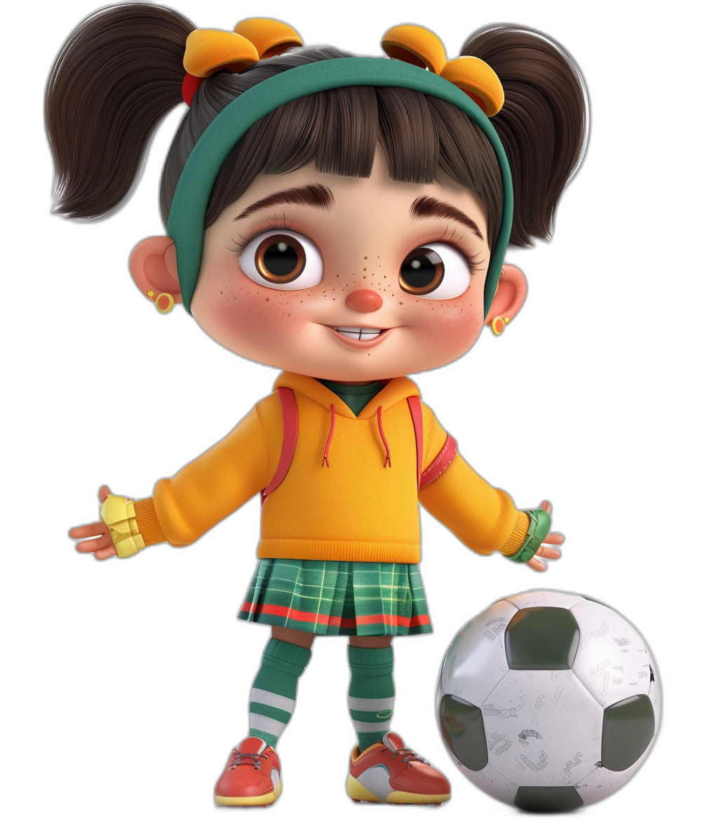 3D character of an adorable little girl in the style of Pixar, with big brown eyes and pigtails wearing a yellow hoodie, green skirt, and white socks holding a soccer ball on a black background.