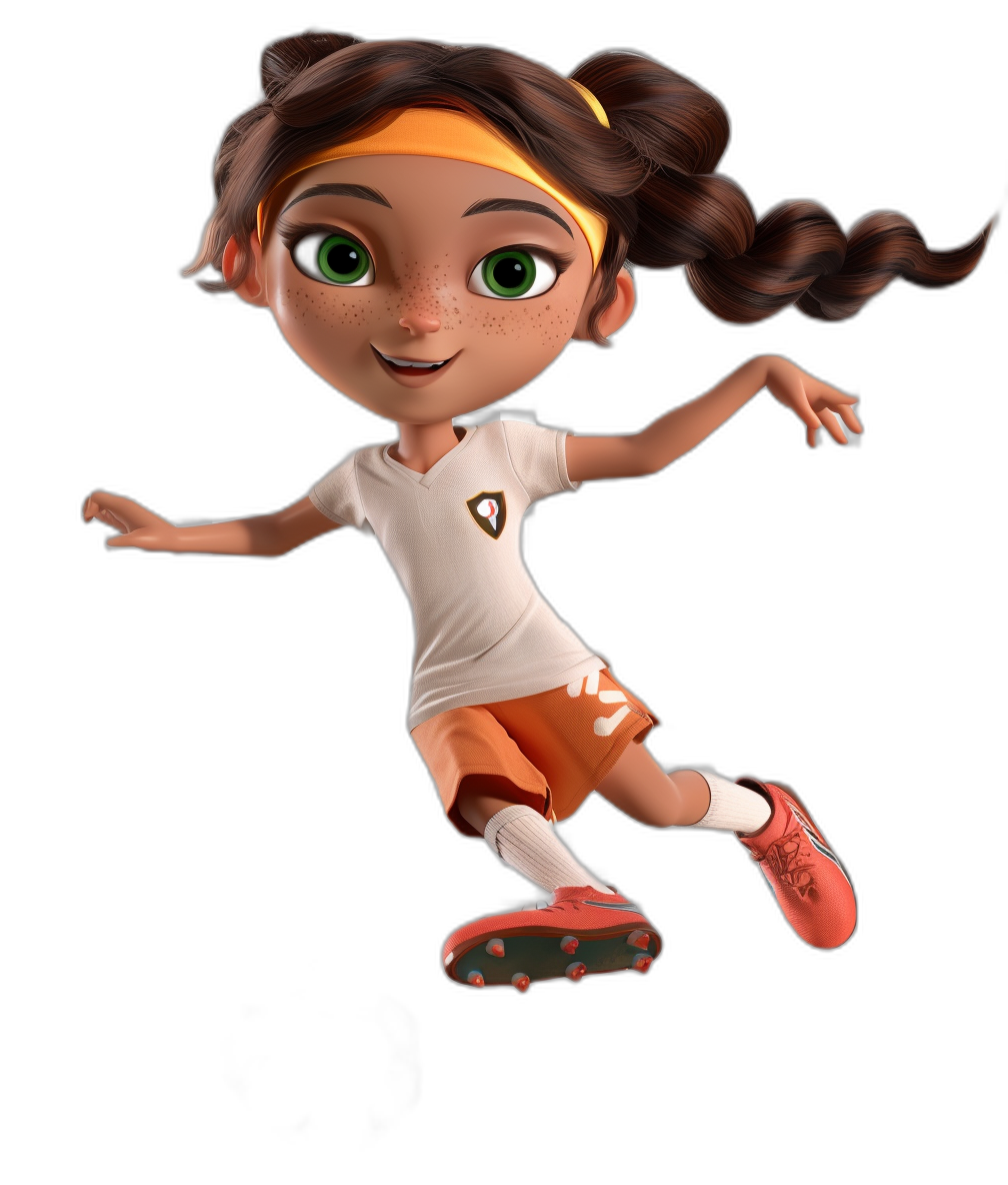 A young girl with brown hair in pigtails wearing an orange and white soccer uniform with green eyes, in the style of Pixar, as a full body character in a running pose on a black background, in the low angle shot style of a 3D Pixar Disney cartoon animation rendered with Octane.