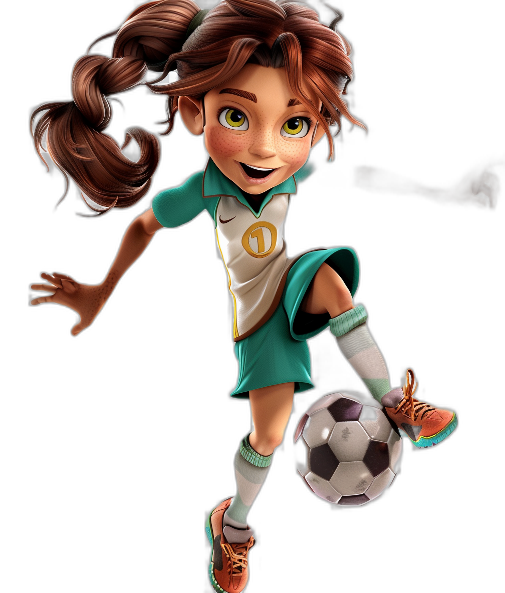 A young girl with brown hair in pigtails, wearing an emerald green and white soccer jersey, kicking the ball on a black background, in the style of Disney Pixar, cartoon character design sheet in the styles of [Atey Ghailan](https://goo.gl/search?artist%20Atey%20Ghailan), [Goro Fujita](https://goo.gl/search?artist%20Goro%20Fujita), [Tim Burton](https://goo.gl/search?artist%20Tim%20Burton), J Scott Campbell, [Brian Kesinger](https://goo.gl/search?artist%20Brian%20Kesinger), [Adam Hughes](https://goo.gl/search?artist%20Adam%20Hughes), [Loish](https://goo.gl/search?artist%20Loish), [Artgerm](https://goo.gl/search?artist%20Artgerm), and Disney animation, black background, 2D illustration, high resolution, hyper realistic