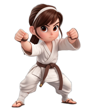 A cute little girl with brown hair in a white karate outfit and belt, posed ready to fight, against a black background, in a chibi style, digital art in the style of Disney Pixar studio, with high resolution and hyper detailed.