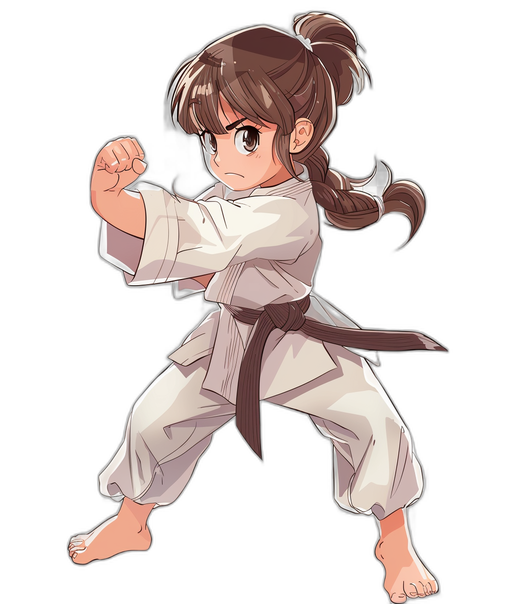 A young girl in a white karate gi with dark brown hair in a ponytail doing a front kick. A full body character design in the style of anime on a black background.