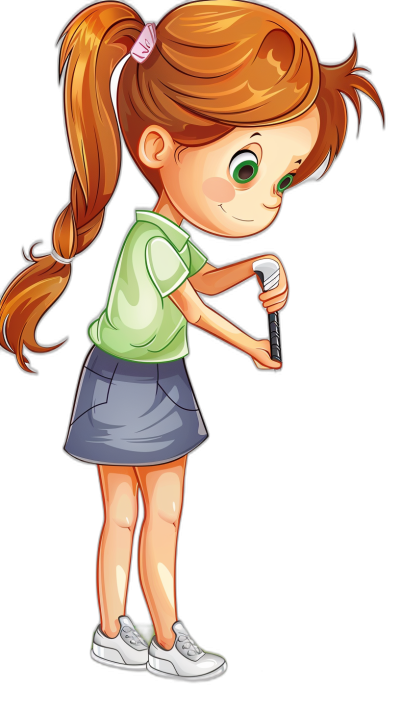 A cartoon of an adorable little girl with green eyes and pigtails, wearing shorts and holding a golf club in the style of clip art, isolated on a black background.