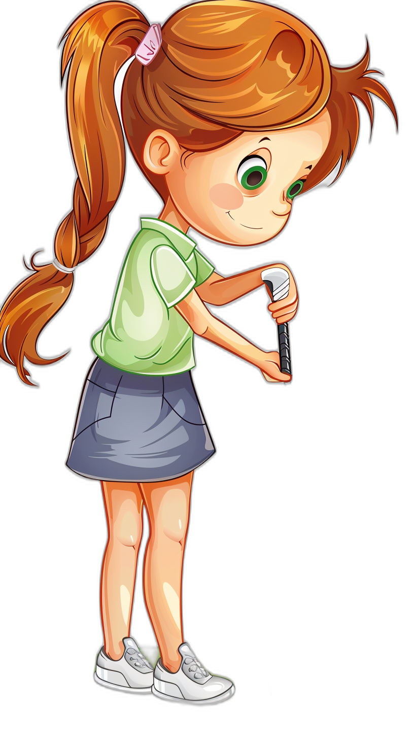 A cartoon of an adorable little girl with green eyes and pigtails, wearing shorts and holding a golf club in the style of clip art, isolated on a black background.