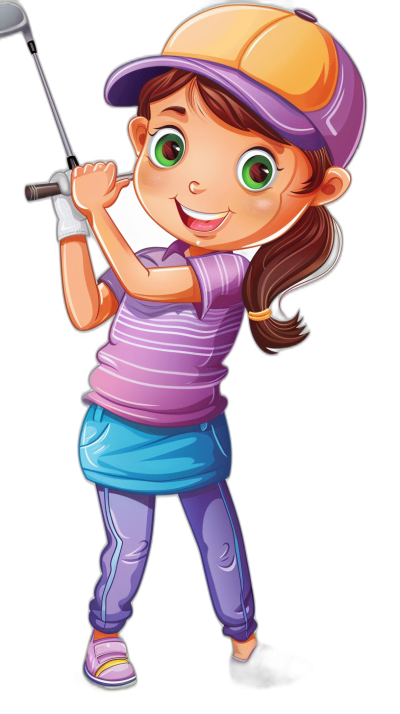 A young girl playing golf, wearing purple and blue  with green eyes in the style of Dora The Princess cartoon character, clip art sticker vector isolated on black background