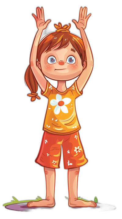 A little girl with her hands raised up, in a cartoon style vector illustration on a black background, wearing short pants and an orange t-shirt with white flowers in the center. She has brown hair tied back into pigtails. Her eyes have blue irises. The colors used for  should be bright yellow and red. In a full body shot. Vector art.