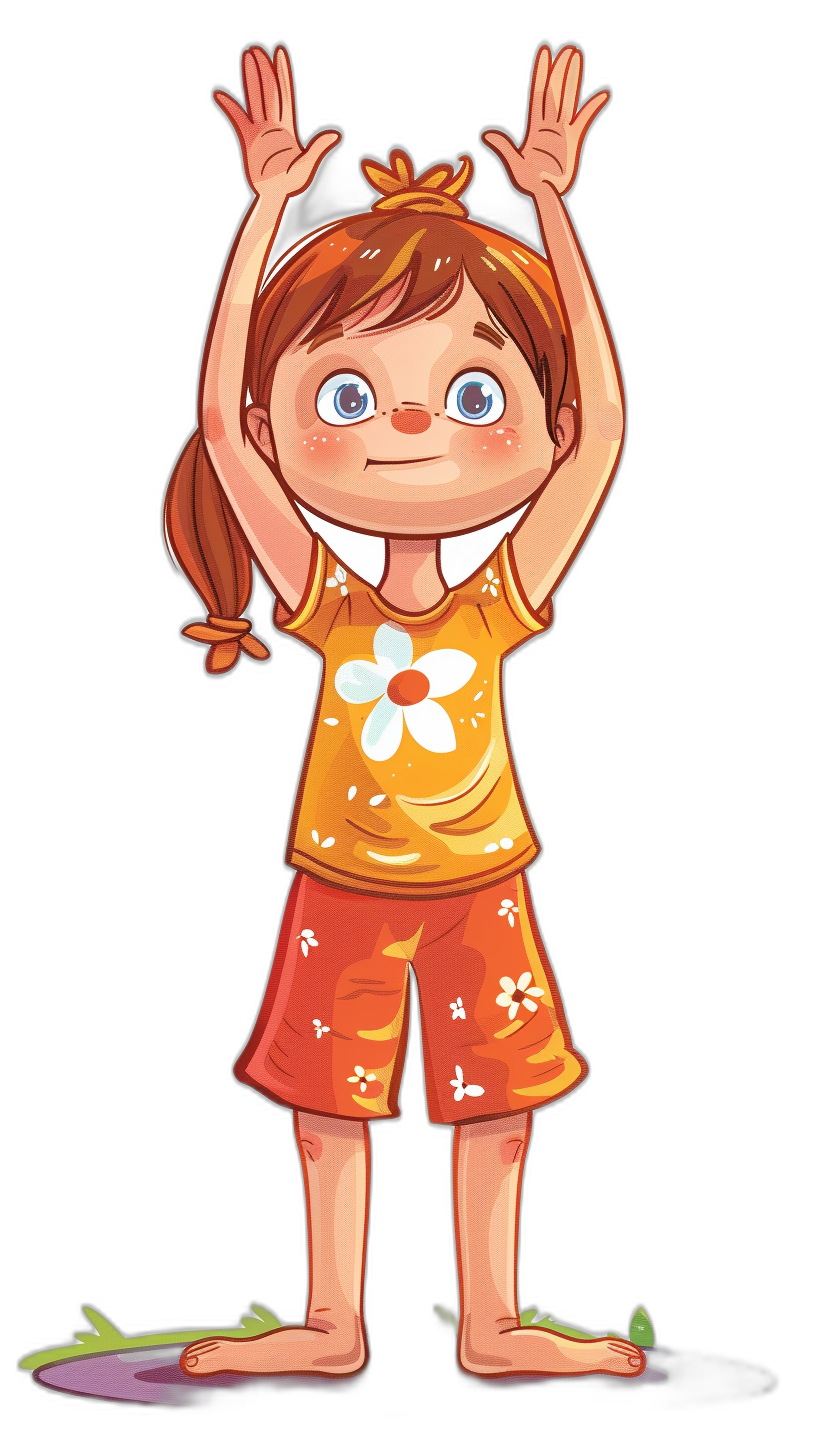 A little girl with her hands raised up, in a cartoon style vector illustration on a black background, wearing short pants and an orange t-shirt with white flowers in the center. She has brown hair tied back into pigtails. Her eyes have blue irises. The colors used for  should be bright yellow and red. In a full body shot. Vector art.