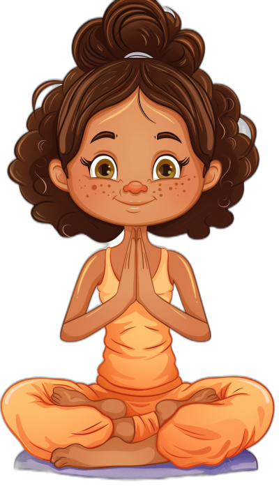 cartoon illustration of an adorable little girl with brown skin, dark curly hair and freckles doing yoga in the lotus position on her knees wearing light orange  on black background