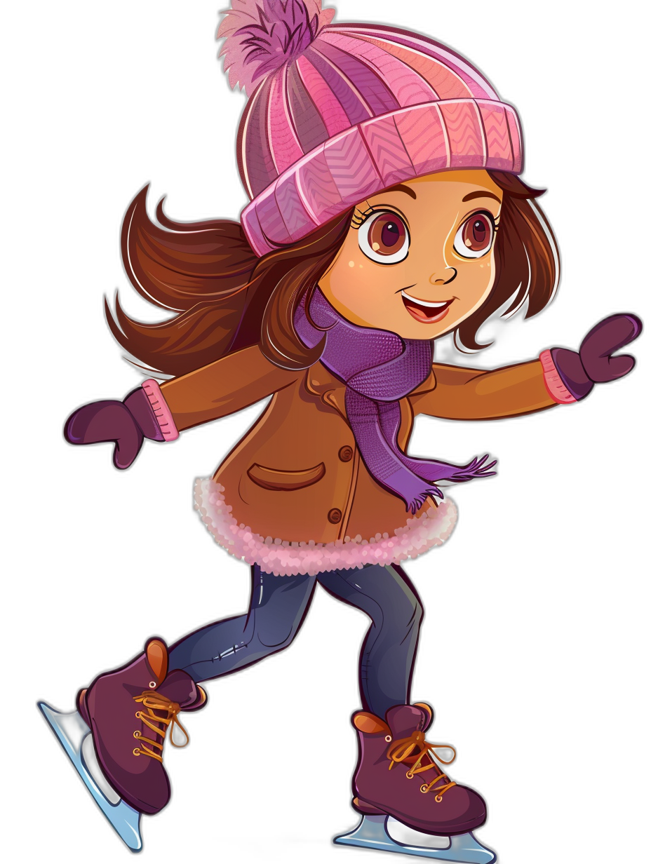 Cute girl character ice skating in the style of cartoon clipart on a black background, wearing a winter coat and hat with pink stripes, brown hair, purple scarf, gloves and boots, colorful and vibrant colors, high resolution, with no text or letters in the picture.