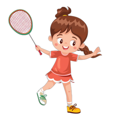 A little girl playing badminton in a cartoon style with a simple flat illustration on a black background with a white outline and a colorful color scheme with a cute character design in the graphic illustration style of a children's book illustrator. She is wearing a red short-sleeved shirt and green shoes on her feet. The expression has bright eyes and smiles as she holds the racket in both hands and plays with it. She looks very happy in her .