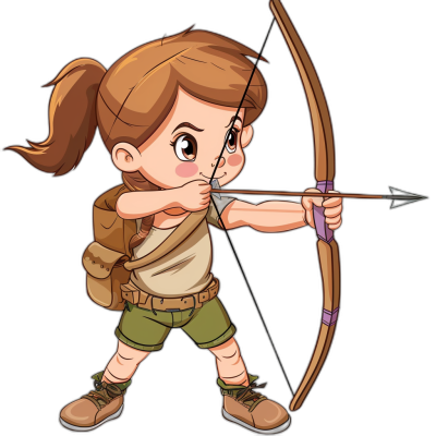 A cartoon-style archer girl character with brown hair in pigtails, wearing green shorts and an olive shirt. She is holding her bow and arrow ready to shoot, depicted from the side against black background for easy vectorization. The illustration should capture vibrant colors typical of children's book illustrations, suitable for young ages. Focus on clear lines without shading or intricate details, making it easily recognizable as clipart.