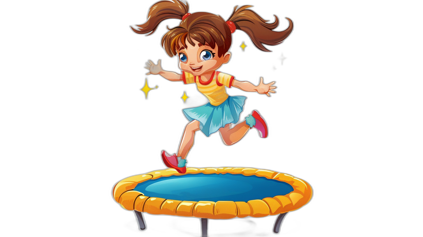 A cartoon girl jumping on a trampoline, a game avatar icon design in a simple line style with a black background and cute style in the manner of Q-version manga with bright colors, high-definition resolution, and high details. The cartoon character has bright lighting and lively movements while wearing .