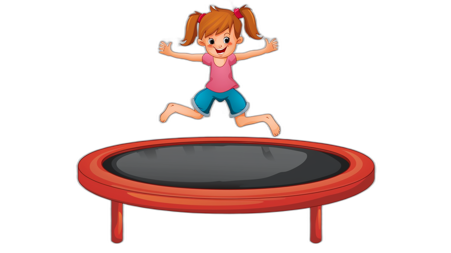 A cartoon girl jumping on a trampoline in a simple flat style on a black background with a simple design as a vector illustration and 2D game art with simple details and bright colors making cute and lively movements wearing colorful  with a pink top and blue shorts and a smiling face near a red round shaped table with a gray mat underneath in a symmetrical composition.