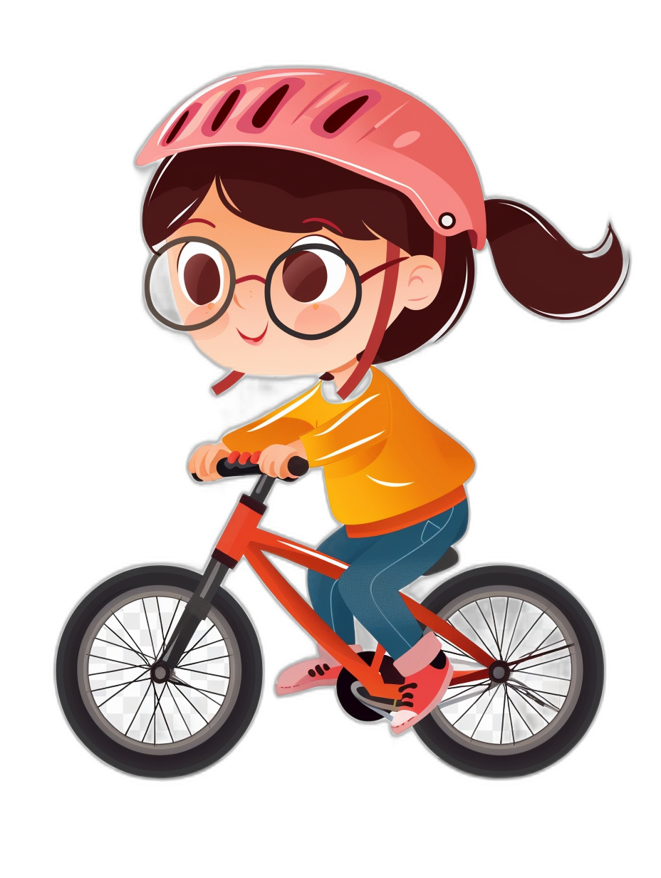 A cute little girl is riding her bike, wearing glasses and a helmet with a black background. The vector illustration is in the style of a flat illustration with a high resolution, clear sharp focus, and high quality details.