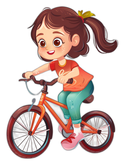 A cute little girl is riding an orange bike in a simple, flat illustration style with a black background and cartoon-like characters. She has brown hair in pigtails, big eyes, wearing a red t-shirt, turquoise pants and pink shoes. The bicycle's wheels have dark gray rims.