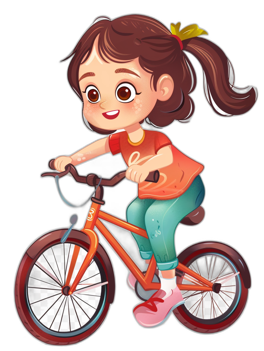 A cute little girl is riding an orange bike in a simple, flat illustration style with a black background and cartoon-like characters. She has brown hair in pigtails, big eyes, wearing a red t-shirt, turquoise pants and pink shoes. The bicycle’s wheels have dark gray rims.