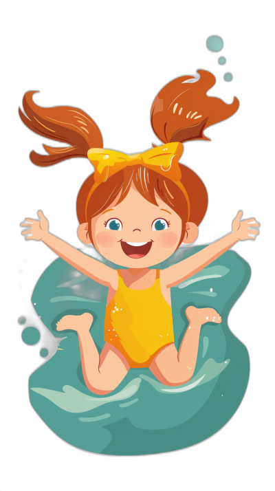 A cute little girl wearing a yellow swimming suit is floating on the water, smiling happily with her hands up and hair tied in two pigtails. Vector illustration in the style of. Black background.