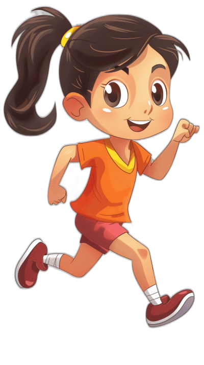 A little girl with dark brown hair in pigtails, wearing an orange shirt and red shorts is running on the black background. She has big eyes and wears white socks with Nike shoes. The cartoon style should be similar to Dora's animation. It’s high resolution, full color, and in vector format. There should also be no text or letters visible in any of these images. In the clotheset design sheet, cute chibi art in the style of [Raina Telgemeier](https://goo.gl/search?artist%20Raina%20Telgemeier).