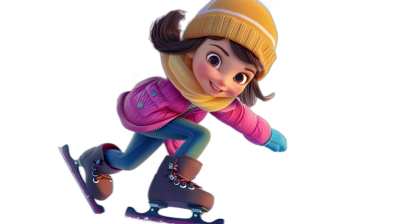 A cute girl skating, wearing winter  and a hat, in the style of Pixar, on a black background, with 3D rendering at a high resolution and quality.