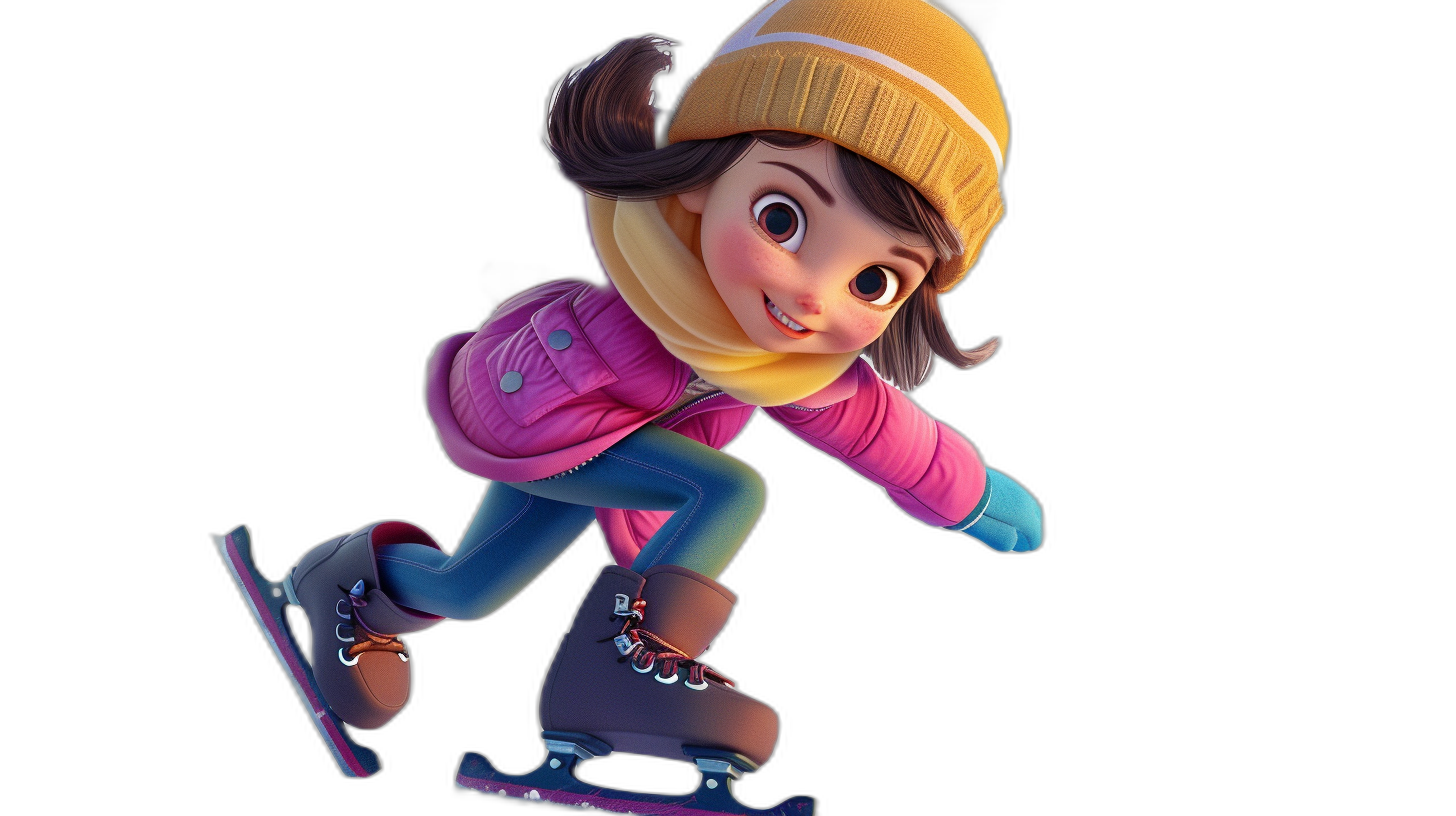 A cute girl skating, wearing winter  and a hat, in the style of Pixar, on a black background, with 3D rendering at a high resolution and quality.