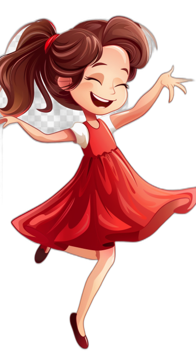 Cute cartoon girl dancing in red dress, smiling and happy expression, full body cartoon illustration, sticker style with black background, png transparent background