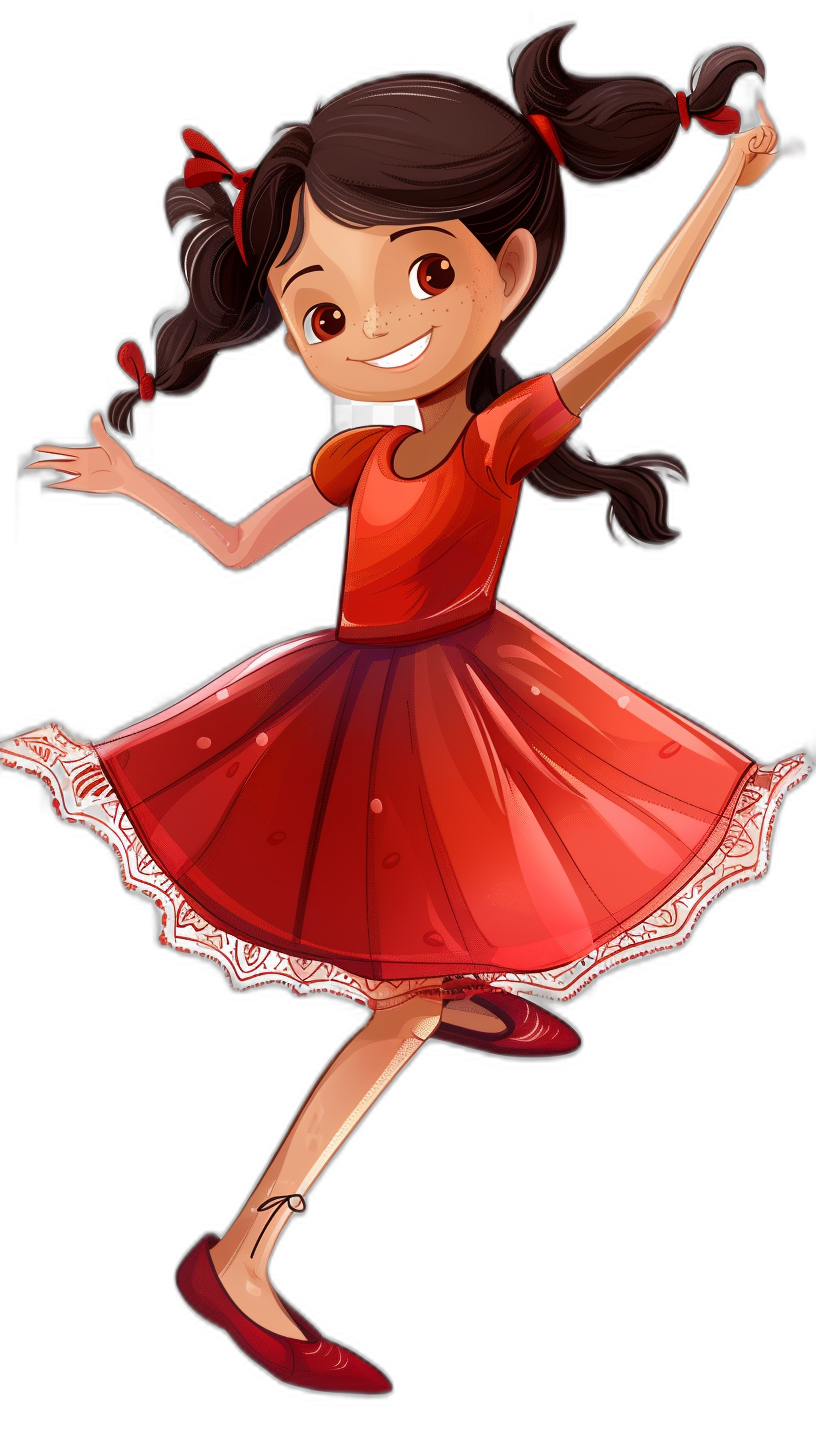 A cute smiling girl with dark brown hair in pigtails, wearing red shoes and skirt, doing a dance jump on a black background, in the style of full body cartoon from Disney Pixar movies, with a cute simple design, no shadows, as a vector illustration, in a 2D flat style with no shading details, at a high resolution, with no text or symbols.