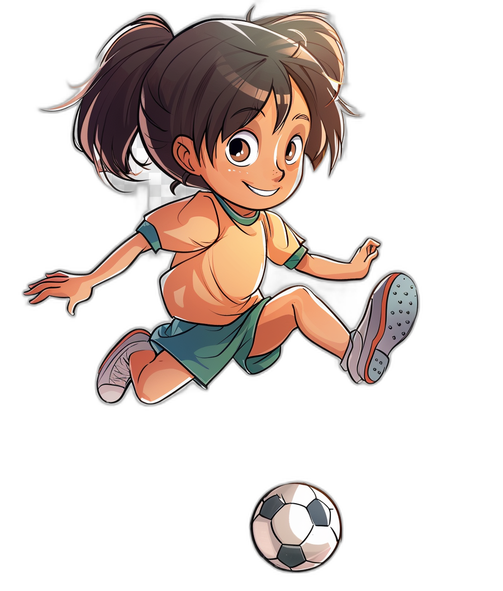 A cute little girl playing football in a vector illustration style in the cartoon character design of [Studio Ghibli](https://goo.gl/search?artist%20Studio%20Ghibli), on a solid black background, wearing shorts and a short sleeve shirt with brown hair and white skin, jumping up to kick the ball, with her eyes wide open smiling. She has very big eyes, with long eyelashes. The entire body is depicted from head to toe. In the center there is an anime-style soccer ball with black stripes on it.