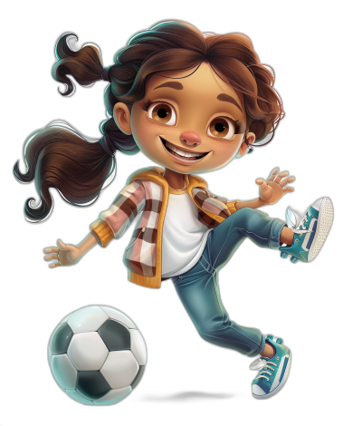 A cute smiling girl in casual  playing soccer on a black background in the cartoon style of Disney Pixar character illustrations in the style of Alex Launch and Jack D'Fontsaine. She has brown hair with two pigtails tied behind her head, dark blue eyes and wears sneakers on her feet, a white t-shirt, a plaid jacket and jeans in a full body shot character design sheet.