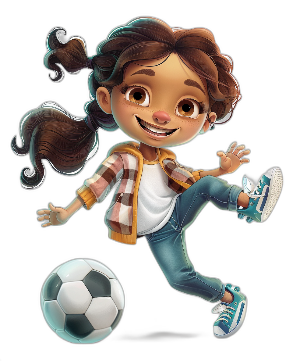 A cute smiling girl in casual  playing soccer on a black background in the cartoon style of Disney Pixar character illustrations in the style of Alex Launch and Jack D’Fontsaine. She has brown hair with two pigtails tied behind her head, dark blue eyes and wears sneakers on her feet, a white t-shirt, a plaid jacket and jeans in a full body shot character design sheet.