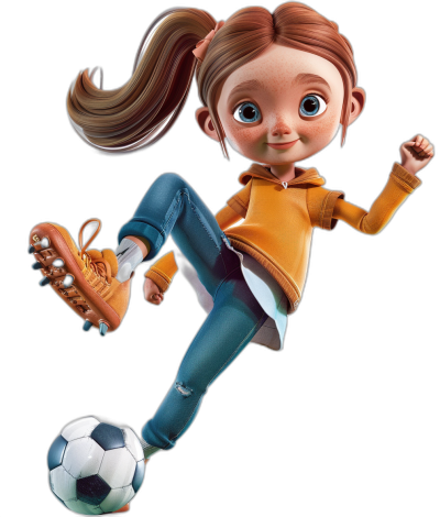 A cute little girl is kicking a soccer ball in the style of Pixar. She is a full-bodied cartoon character wearing an orange sweater, blue jeans, and white sneakers on her feet. She has brown hair in pigtails and big eyes. It is a high resolution 3D rendering on a black background in the art style of Pixar.