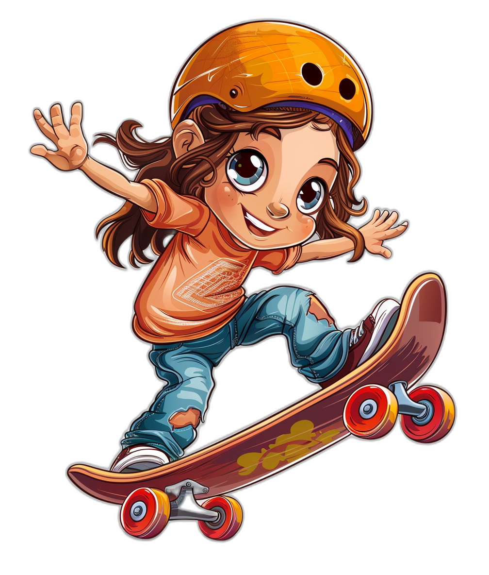 cartoon style, cute girl riding skateboard with helmet on black background