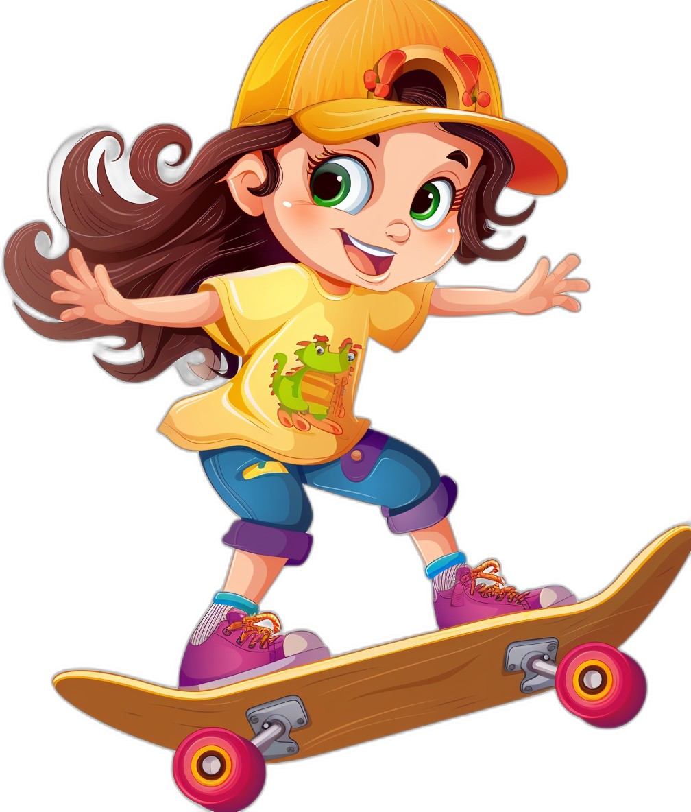 cartoon girl with long brown hair and green eyes, wearing a yellow cap hat, blue shorts and purple shoes with pink laces on her shoes. Riding a skateboard in the style of a cartoon, vector illustration design png with transparent background and black back ground, colorful colors, sticker, high quality.