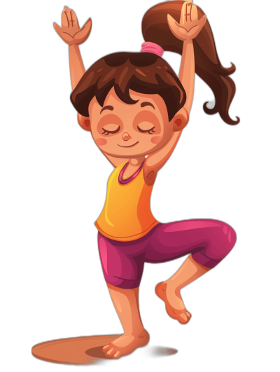 A little girl doing yoga in a cartoon style in a simple drawing with a black background. She is standing on one leg and lifting her other foot in the air to do tree pose or vriksasana. Her hair should be brown and she wears pink pants and an orange tank top. The illustration must capture her joyful expression as well as details of each posture like reaching up towards the sky for balance and focused eyes in the style of the requested artist.