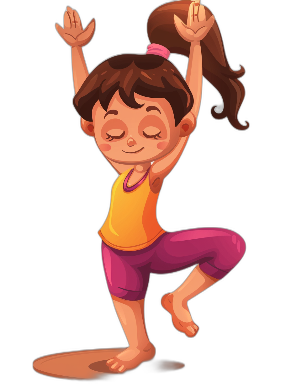 A little girl doing yoga in a cartoon style in a simple drawing with a black background. She is standing on one leg and lifting her other foot in the air to do tree pose or vriksasana. Her hair should be brown and she wears pink pants and an orange tank top. The illustration must capture her joyful expression as well as details of each posture like reaching up towards the sky for balance and focused eyes in the style of the requested artist.