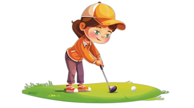 A cute boy playing golf, cartoon style vector illustration on black background, simple design, cute character, cute character, cute little girl with cap and brown jacket, children's book cover art, cartoon face, casual , green grass, isolated character design, flat color, 2D animation, 3/4 profile view, short legs, yellow shoes, clean lines, simple details, white eyes, simple hair, long nose