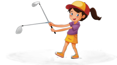 A young girl is playing golf in the style of a cartoon. The vector illustration shows her full body on a black background. The simple flat colors and shapes make up the cartoon character design sheet with color and shadows. It has low detail and high resolution and quality. There are no textures, shadows, gradients, borders, noise, shading, or graininess. The image has high sharpness and contrast without depth of field or gradients.