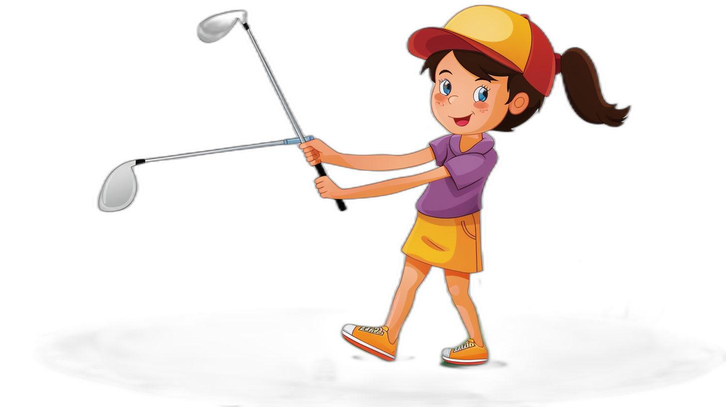 A young girl is playing golf in the style of a cartoon. The vector illustration shows her full body on a black background. The simple flat colors and shapes make up the cartoon character design sheet with color and shadows. It has low detail and high resolution and quality. There are no textures, shadows, gradients, borders, noise, shading, or graininess. The image has high sharpness and contrast without depth of field or gradients.