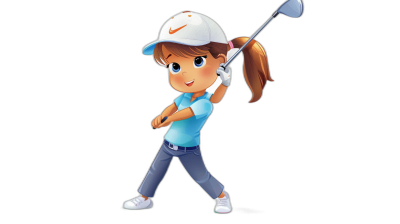 A young girl playing golf in the cartoon style with a character design for a mobile game against a solid black background. She is wearing a blue shirt and white cap with a Nike logo, with brown hair in a ponytail on the back of her head. She is swinging her club up high, with her right hand holding a driver at eye level.