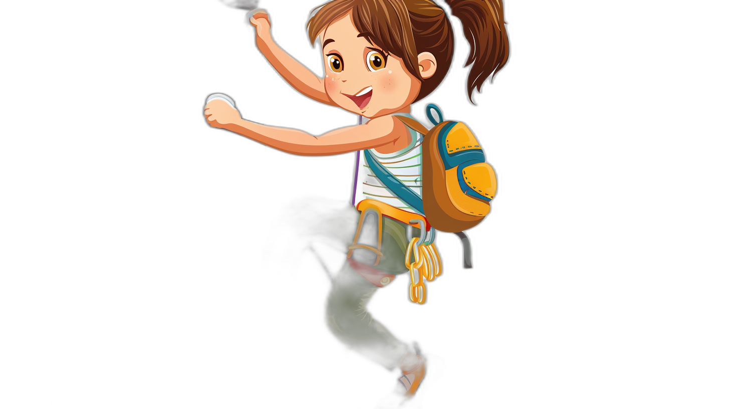 A cartoon girl with brown hair in pigtails is jumping. She has an olive skin color and wears sportswear. On her back there is a yellow backpack against a black background. The illustration is in the style of a vector illustration with simple lines and 2D graphics. It is a high quality, high detail, high resolution, high definition image.