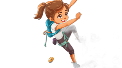 a cartoon girl climbing on black background, with backpack and blue harness around her chest, brown hair in ponytail style, white shirt, grey pants, orange ball flying beside the character, pixar style, cute and friendly expression, high resolution, high quality