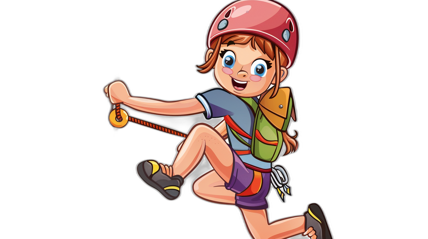 Cute cartoon girl climbing with a helmet and ropes in the style of a vector illustration isolated on a black background, close-up shooting, 4k, ultra high detail, Agfa Vista Plus 200 stock photography version 5.3