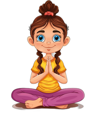 A cute little girl doing yoga in a vector illustration with a black background in the style of a simple and minimalistic style, a full body portrait in the center of the picture, she has big blue eyes and brown hair tied into two braids, wearing a yellow t-shirt and purple pants, hands clasped together.