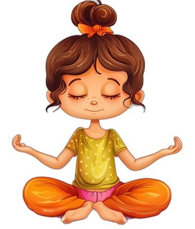 A cute little girl in yoga  is meditating in the style of a vector illustration with a flat design and black background. The cartoon character should have bright yellow for her top shirt and orange pants to create an adorable look on her face. Her hair must have a high ponytail tied into two buns at each side of her head. It's important that she has closed eyes while sitting cross-legged floating above ground with no legs visible in a lotus position.