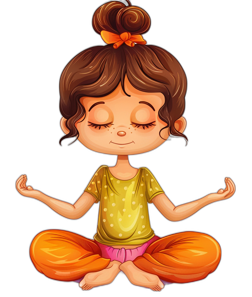 A cute little girl in yoga  is meditating in the style of a vector illustration with a flat design and black background. The cartoon character should have bright yellow for her top shirt and orange pants to create an adorable look on her face. Her hair must have a high ponytail tied into two buns at each side of her head. It’s important that she has closed eyes while sitting cross-legged floating above ground with no legs visible in a lotus position.