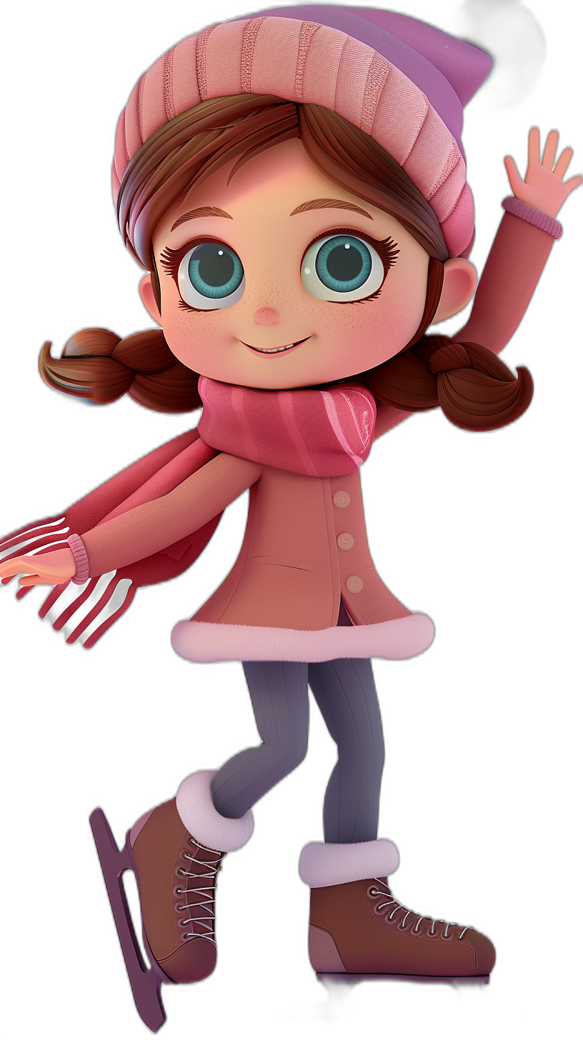 A cute little girl ice skating, wearing a pink winter coat and hat with a scarf around her neck, with dark brown hair in pigtails, big blue eyes, a happy expression, a full body shot, on a black background, in the style of cartoon style, in the style of Disney Pixar animation character design, a 3D rendering, high resolution, with high details, best quality.