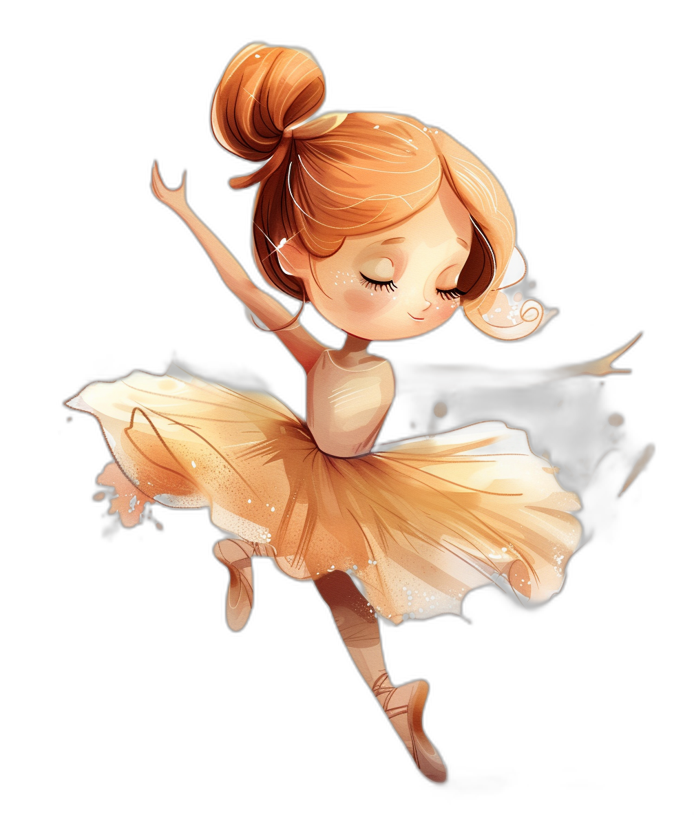 Cute ballerina in the style of chibi, digital art, black background, cute character design, soft lighting, detailed illustration, dynamic pose, pastel colors, cute face features, high resolution, high detail, cartoon drawing, digital painting, smooth and shiny, light brown hair in a bun