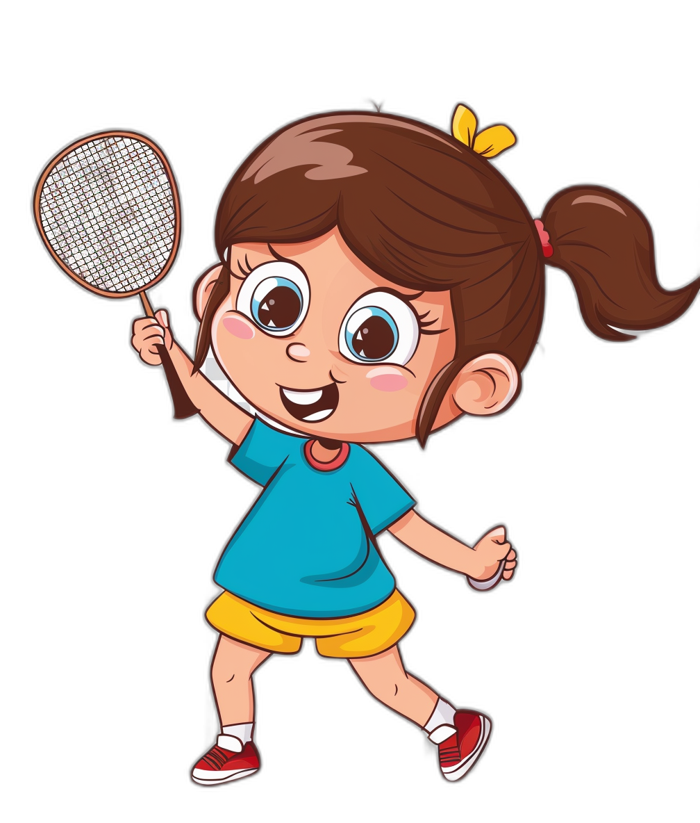 Cute girl playing badminton, cartoon style vector illustration with black background. The little girl is wearing a blue t-shirt and yellow shorts, holding the racket in her hand ready to hit the ball. She has big eyes and brown hair tied into two ponytails, smiling happily while running forward. A fun activity for children of all ages. in the style of .